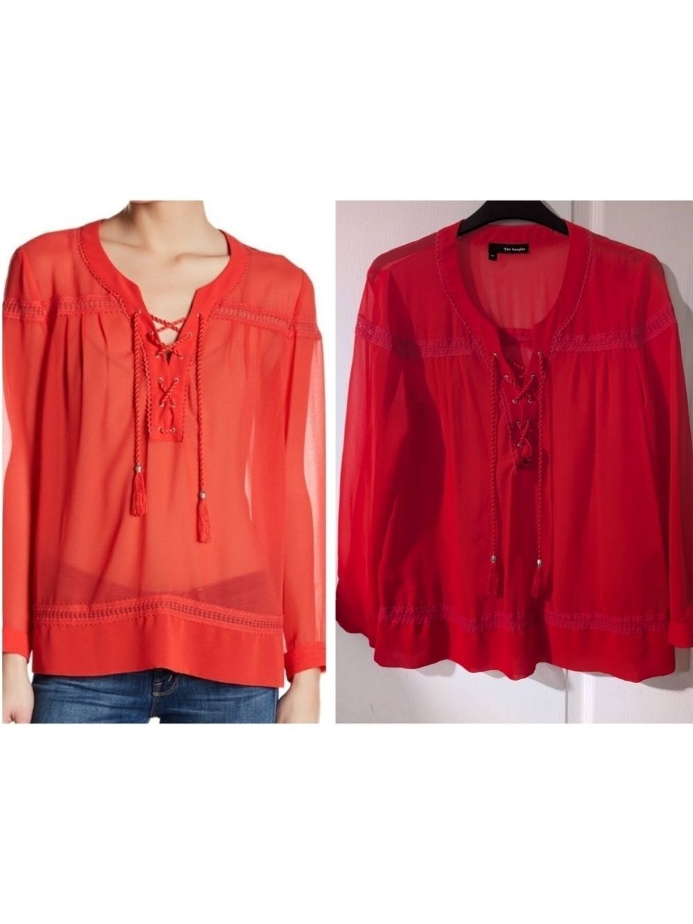 The Kooples | Red Lace-Up Tassel Blouse